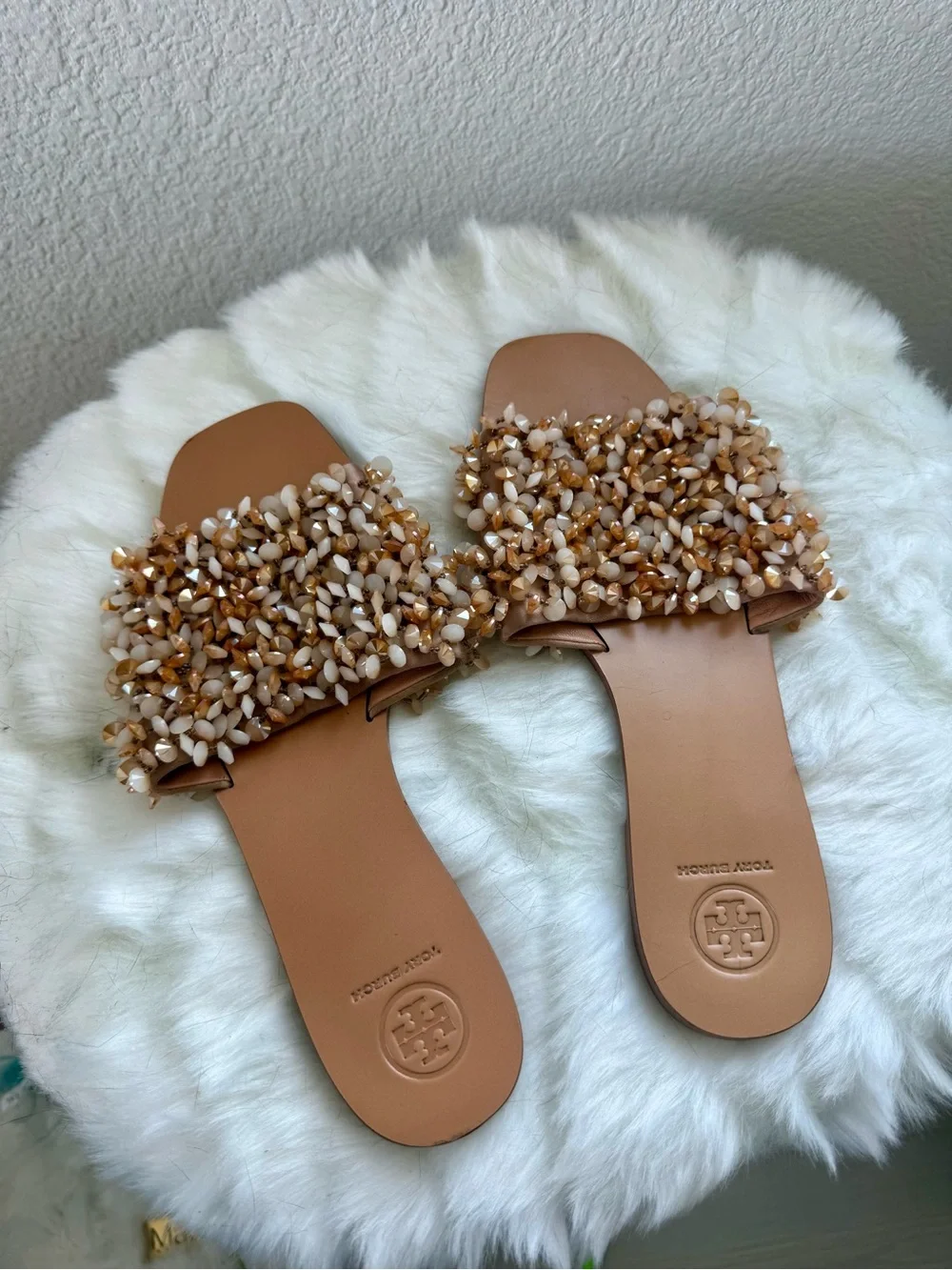 Tory Burch Tan and Blush Beaded Slide Sandals